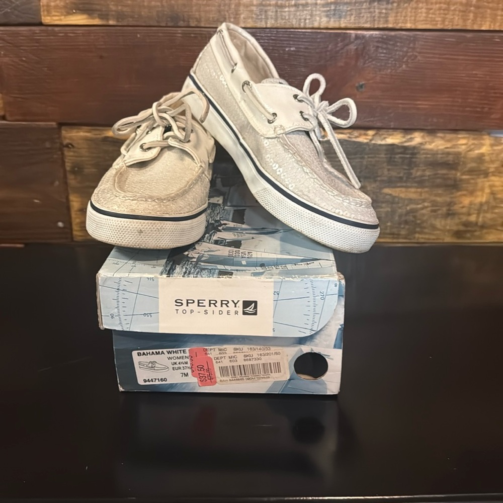 Sperry Bahama White Sequins Boat Shoes 7M